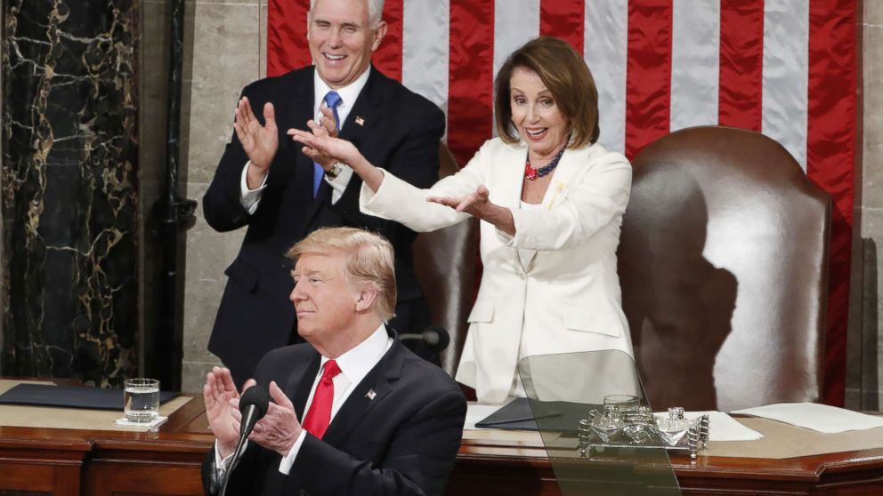 PHOTO: Vice president Mike Pence and Speaker of the House Nancy Pelosi react as President Donald J. Trump delivers his second State of the Union address from the floor of the House of Representatives on Capitol Hill in Washington, Feb. 5, 2019.