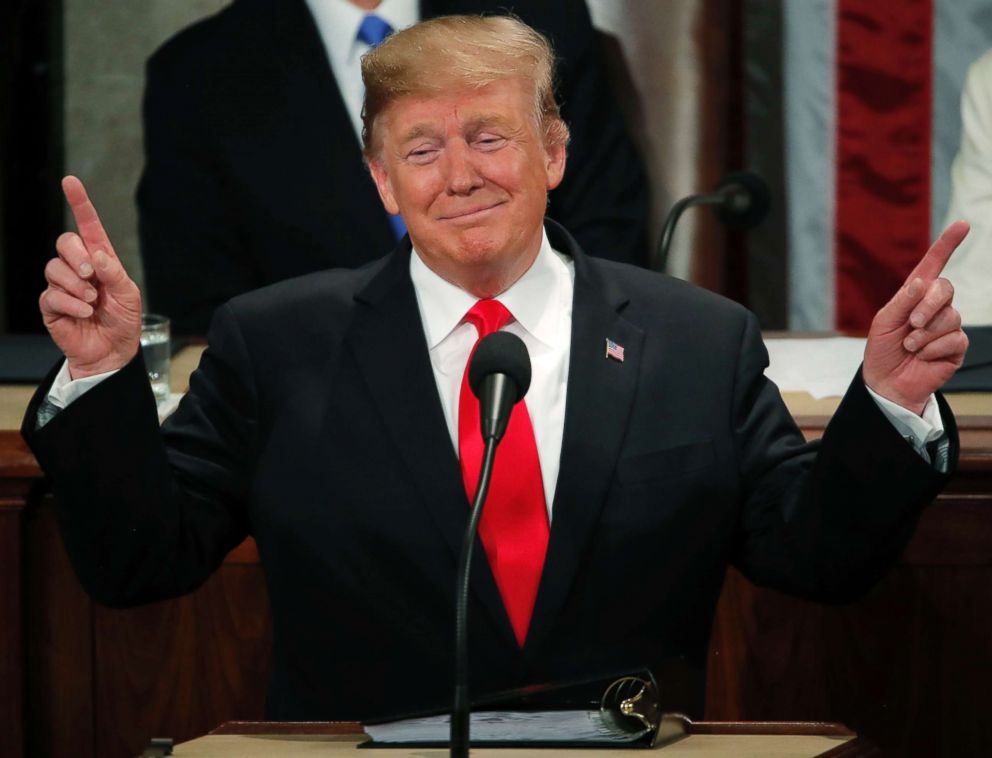 PHOTO: President Donald Trump gestures while the audience sings "Happy Birthday" to a guest during his State of the Union address on Capitol Hill in Washington, Feb. 5, 2019.