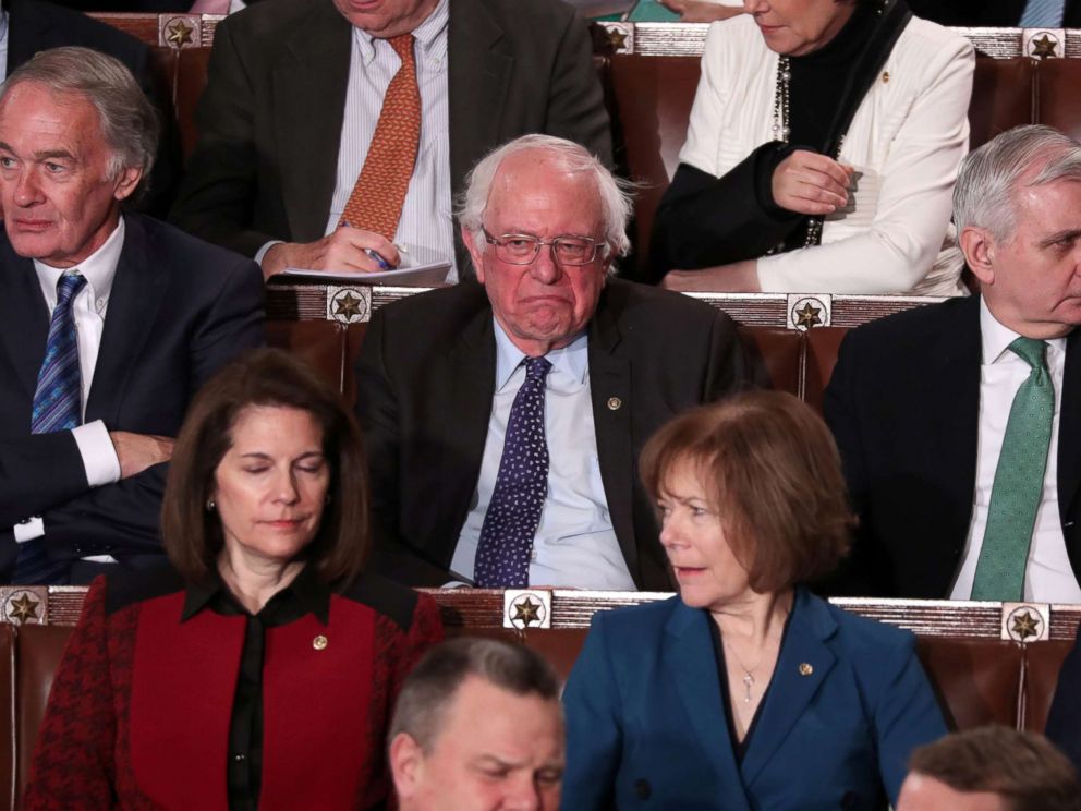 PHOTO: Senator Bernie Sanders reacts as President Donald Trump delivers his second State of the Union address to a joint session of Congress at the U.S. Capitol in Washington, Feb. 5, 2019.
