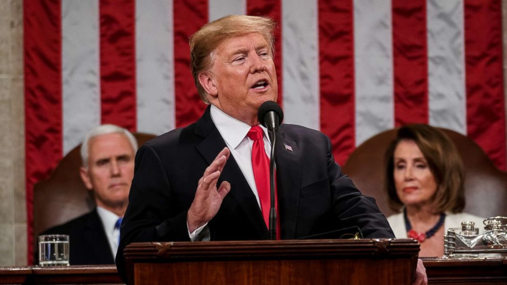 President Donald Trump delivers the State of the Union address, with Vice President Mike Pence and Speaker of the House Nancy Pelosi, at the Capitol in Washington, Feb. 5, 2019.