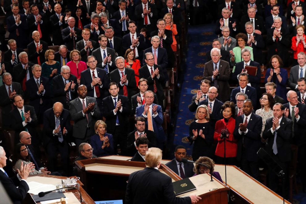 PHOTO: Republicans stand as President Donald Trump delivers his State of the Union address to a joint session of Congress on Capitol Hill in Washington, Feb. 5, 2019.