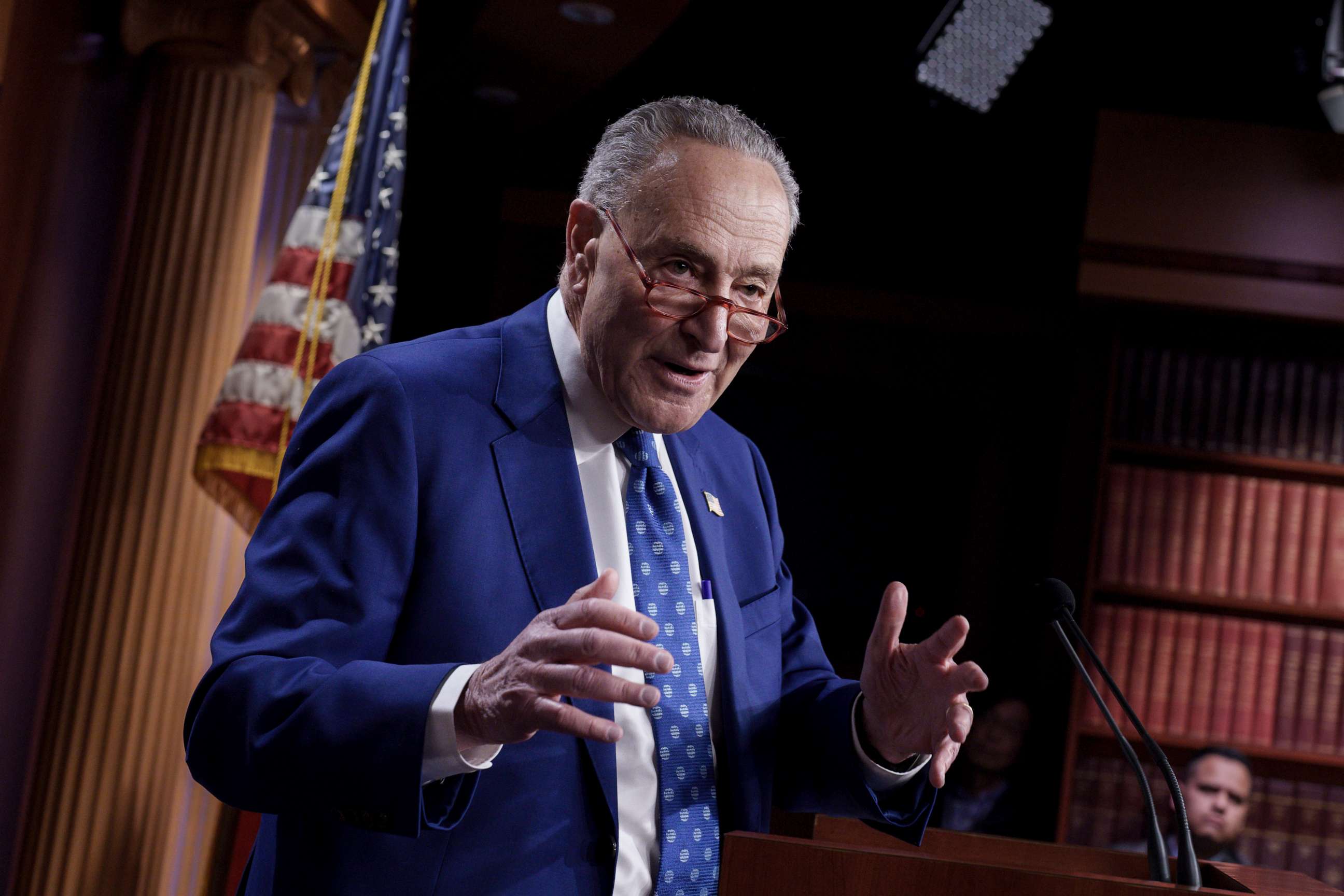 PHOTO: Senate Majority Leader Chuck Schumer talks to reporters ahead of the State of the Union address at the Capitol in Washington, D.C., on Feb. 7, 2023.