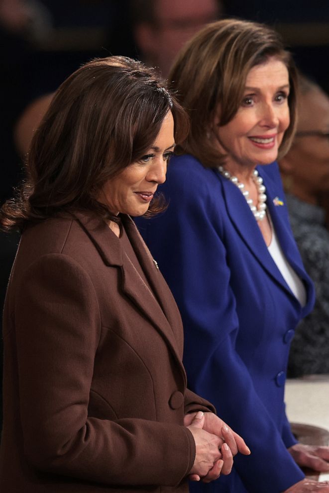 PHOTO: Vece President Kamala Harris, left, and Speaker Nancy Pelosi ahead of President Joe Biden's state of the union address to Congress in the Capitol on March 1, 2022 in Washington.
