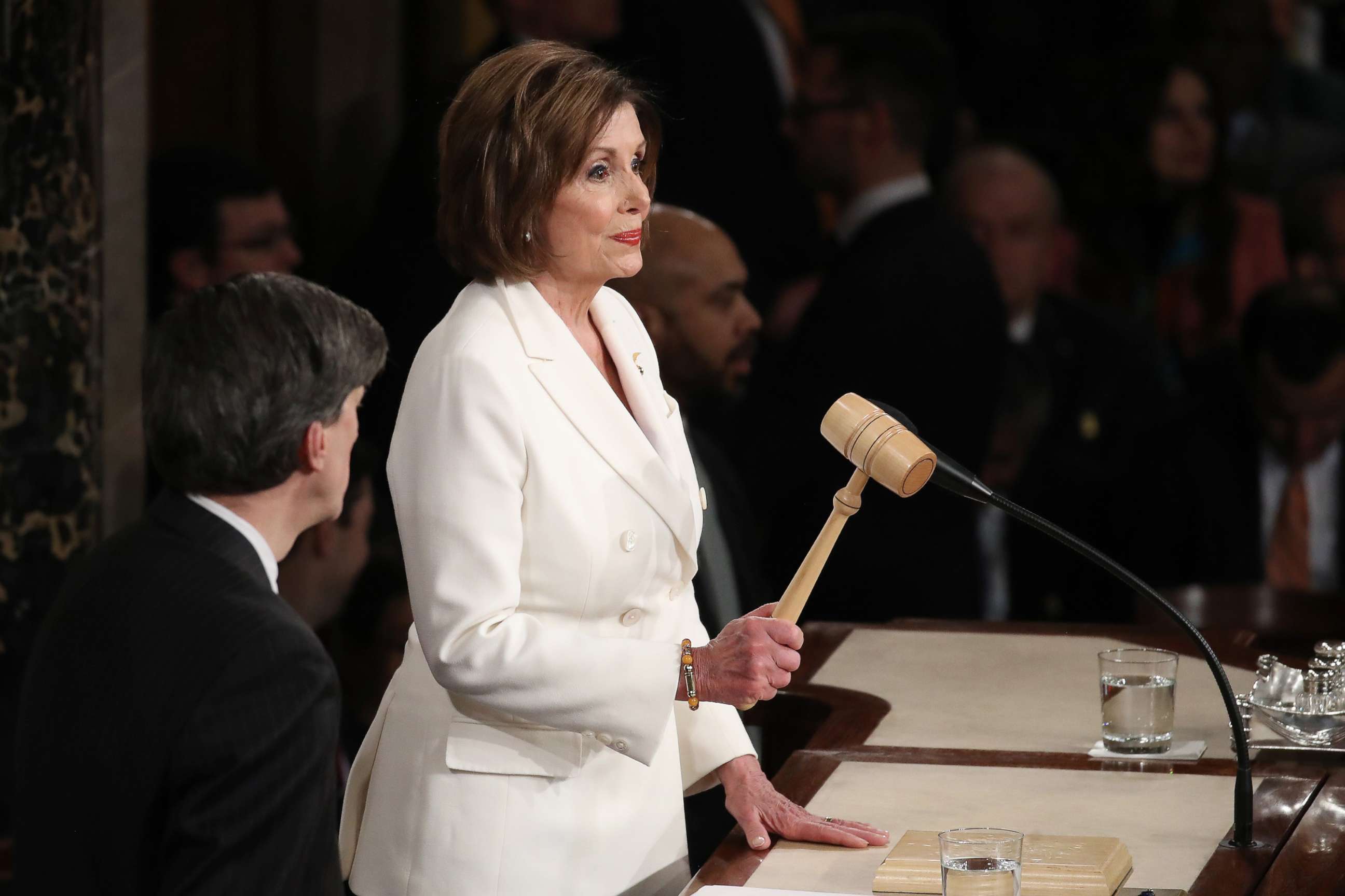 PHOTO: House Speaker Rep. Nancy Pelosi holds the gavel ahead of the State of the Union address in the chamber of the U.S. House of Representatives on Feb. 04, 2020, in Washington, DC.