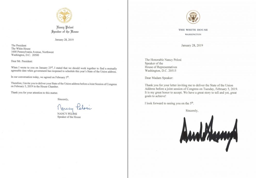 PHOTO: A combination of two images shows Speaker Nancy Pelosi's letter to President Trump inviting him to deliver his State of the Union address in the House Chamber on Feb. 5, 2019 and President Trump's response, accepting the invitation, Jan. 28, 2019.
