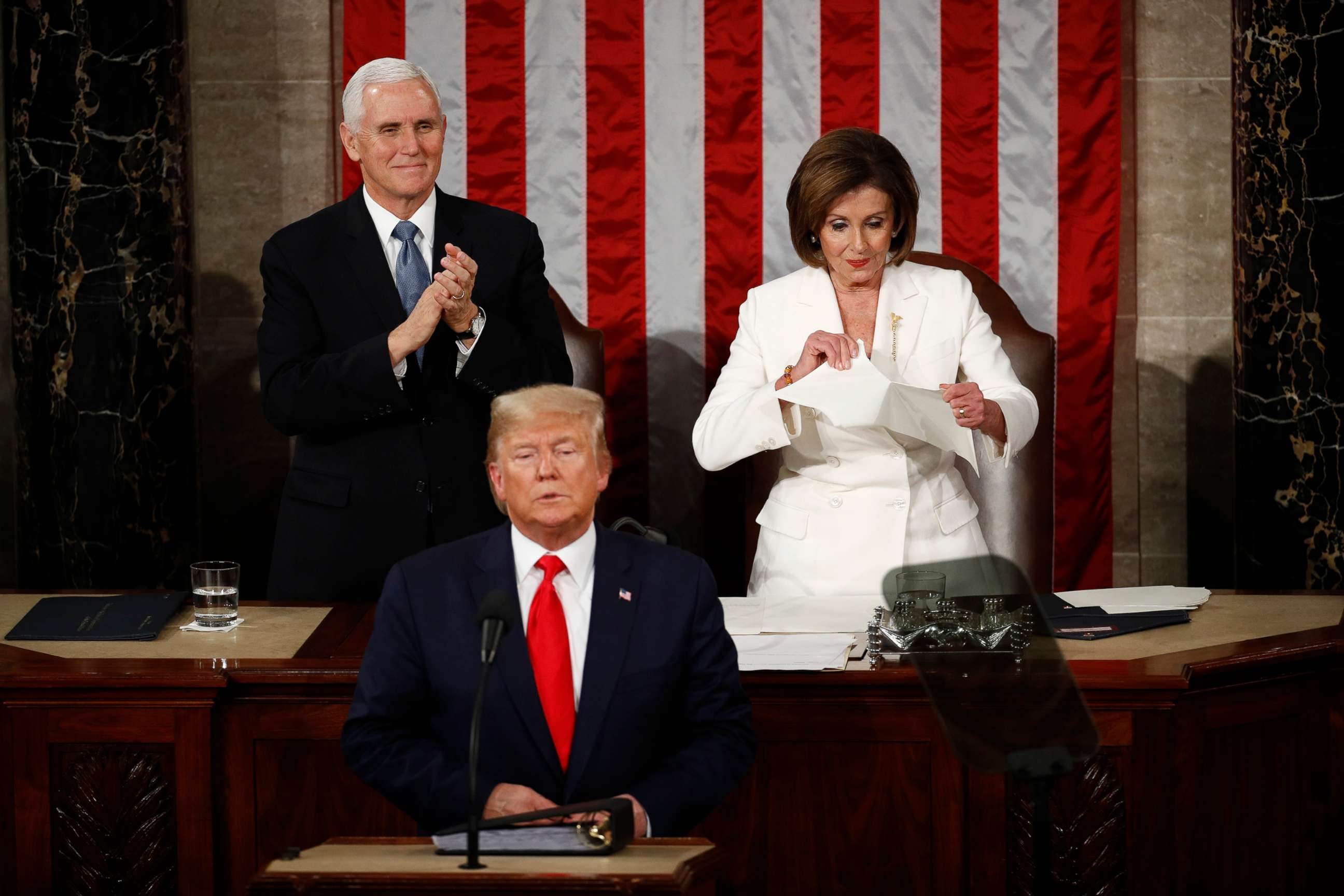 PHOTO: House Speaker Nancy Pelosi tears her copy of President Donald Trump's State of the Union address after he delivered it to a joint session of Congress on Capitol Hill in Washington, Feb. 4, 2020.