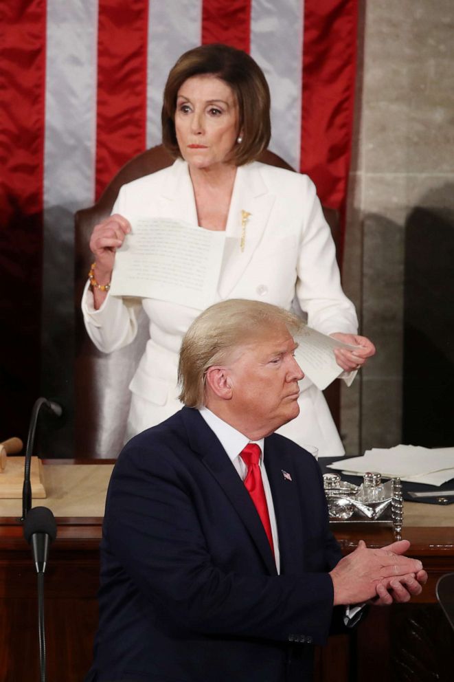 PHOTO: House Speaker Rep. Nancy Pelosi rips up pages of the State of the Union speech after President Donald Trump finishes his State of the Union speech in the  U.S. House of Representatives on Feb. 04, 2020 in Washington, DC.