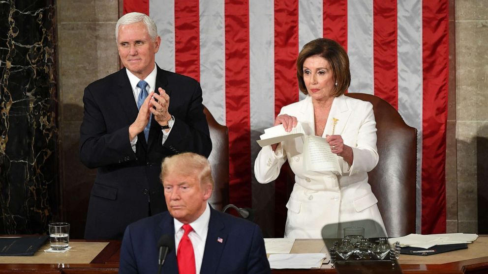  Vice President Mike Pence claps as Speaker of the House Nancy Pelosi rips a copy of President Donald Trump speech after he delivers the State of the Union address at the US Capitol in Washington, Feb. 4, 2020. Vice President Mike Pence claps as Speaker of the House Nancy Pelosi rips a copy of President Donald Trump speech after he delivers the State of the Union address at the US Capitol in Washington, Feb. 4, 2020.Mandel Ngan/AFP via Getty Images