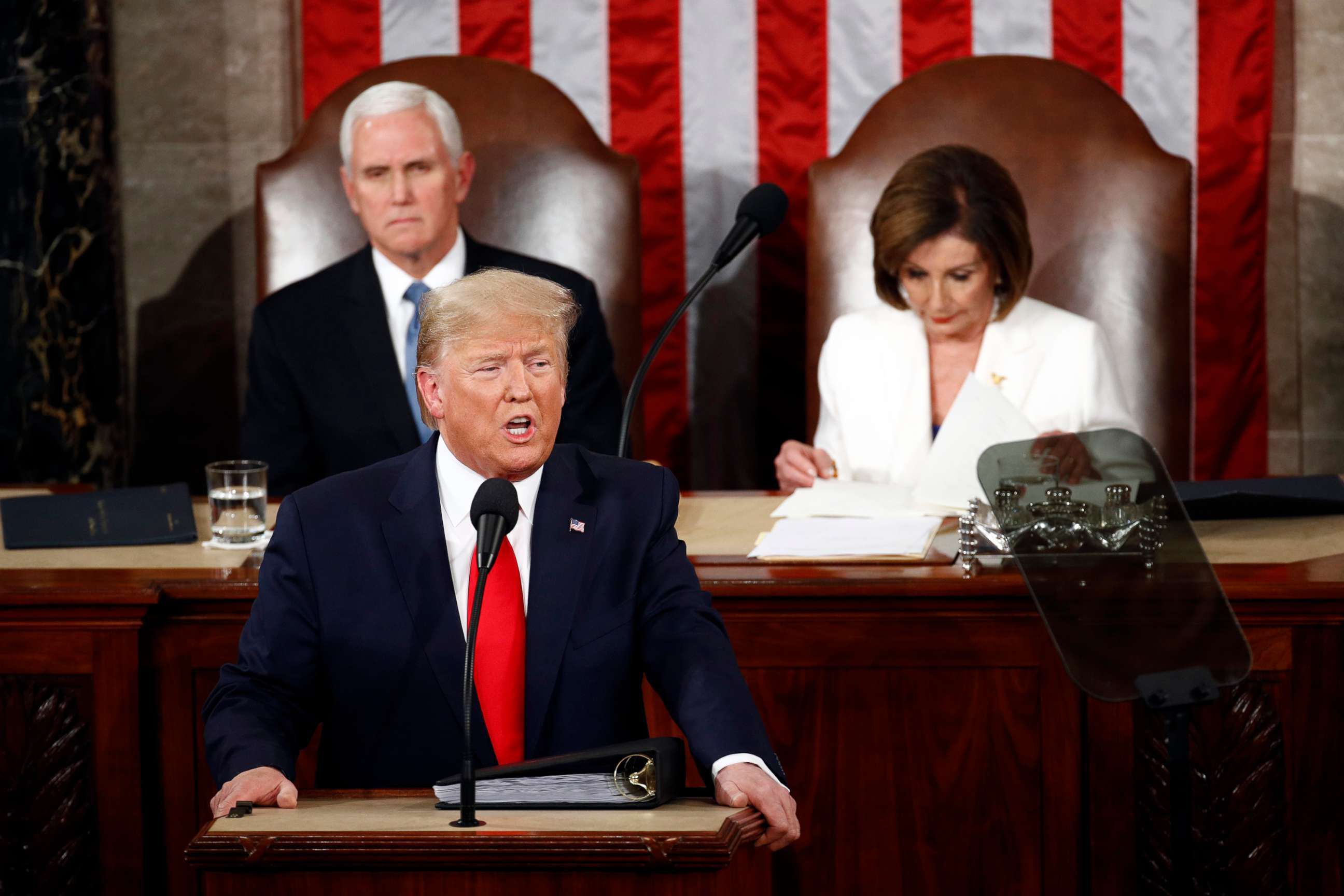 PHOTO: President Donald Trump delivers his State of the Union address to a joint session of Congress on Capitol Hill in Washington, Feb. 4, 2020, as Vice President Mike Pence and House Speaker Nancy Pelosi watch.