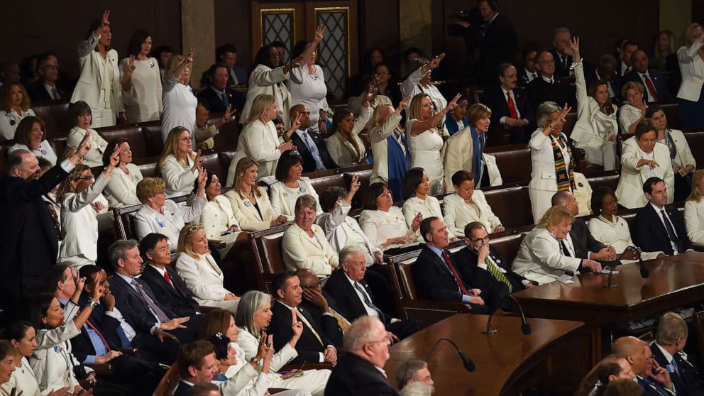 PHOTO: Female members of Congress dressed in white pose for a photo ahead of the State of the Union address in the chamber of the U.S. House of Representatives on Feb. 04, 2020 in Washington, DC.