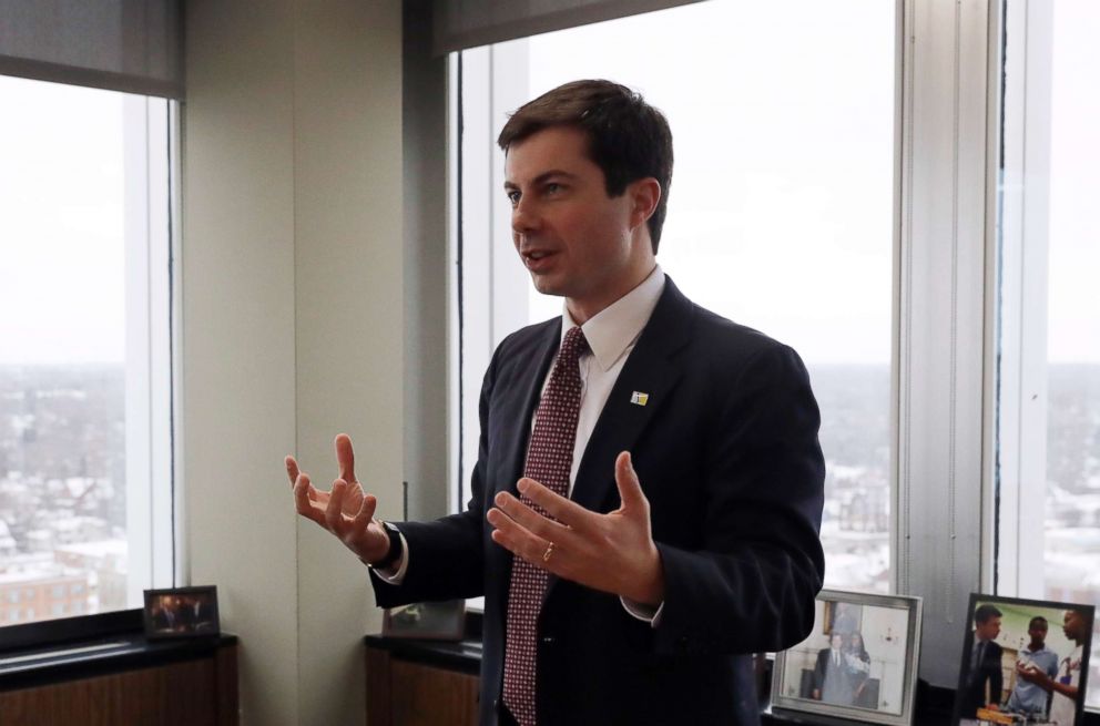 PHOTO: Mayor Pete Buttigieg talks with an AP reporter at his office in South Bend, Ind., Jan. 10, 2019.