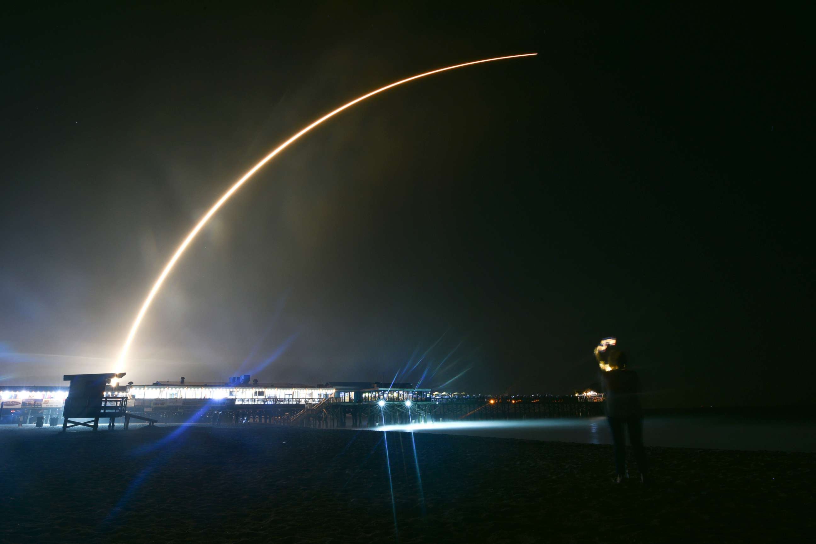 PHOTO: People watch SpaceX's Falcon 9 rocket PSN VI launch from Cape Canaveral Air Force Station, Fla., Feb. 21, 2019 at Cocoa Beach, Fla.
