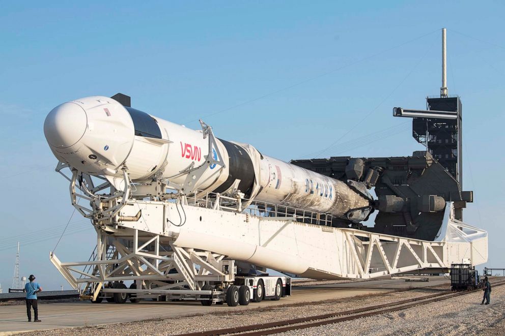 PHOTO: A SpaceX Falcon 9 rocket with the company's Crew Dragon spacecraft onboard is seen as it is rolled to Launch Complex 39A as preparations continue for the Crew-2 mission in Cape Canaveral, Fla., April 16, 2021.