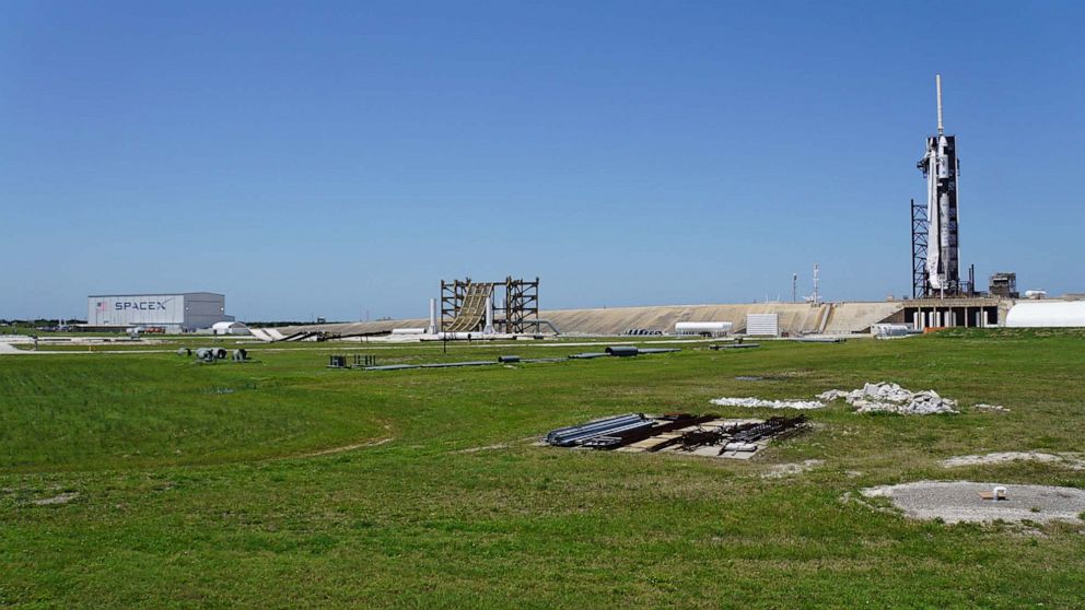 PHOTO: SpaceX Falcon 9 rocket, seen on the launch pad at Launch Complex 39A less that 24 hours before it is scheduled to launch for its Crew-2 mission, at NASAs Kennedy Space Center, Fla., April 22, 2021.