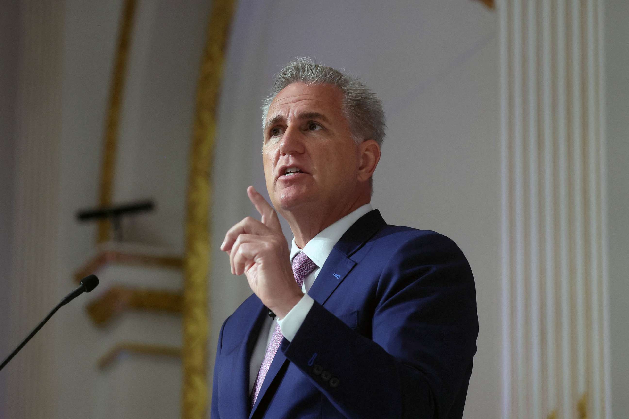 PHOTO: FILE - Speaker of the House Kevin McCarthy speaks in New York City, April 17, 2023.