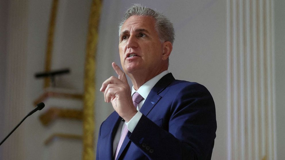 PHOTO: FILE - Speaker of the House Kevin McCarthy speaks in New York City, April 17, 2023.