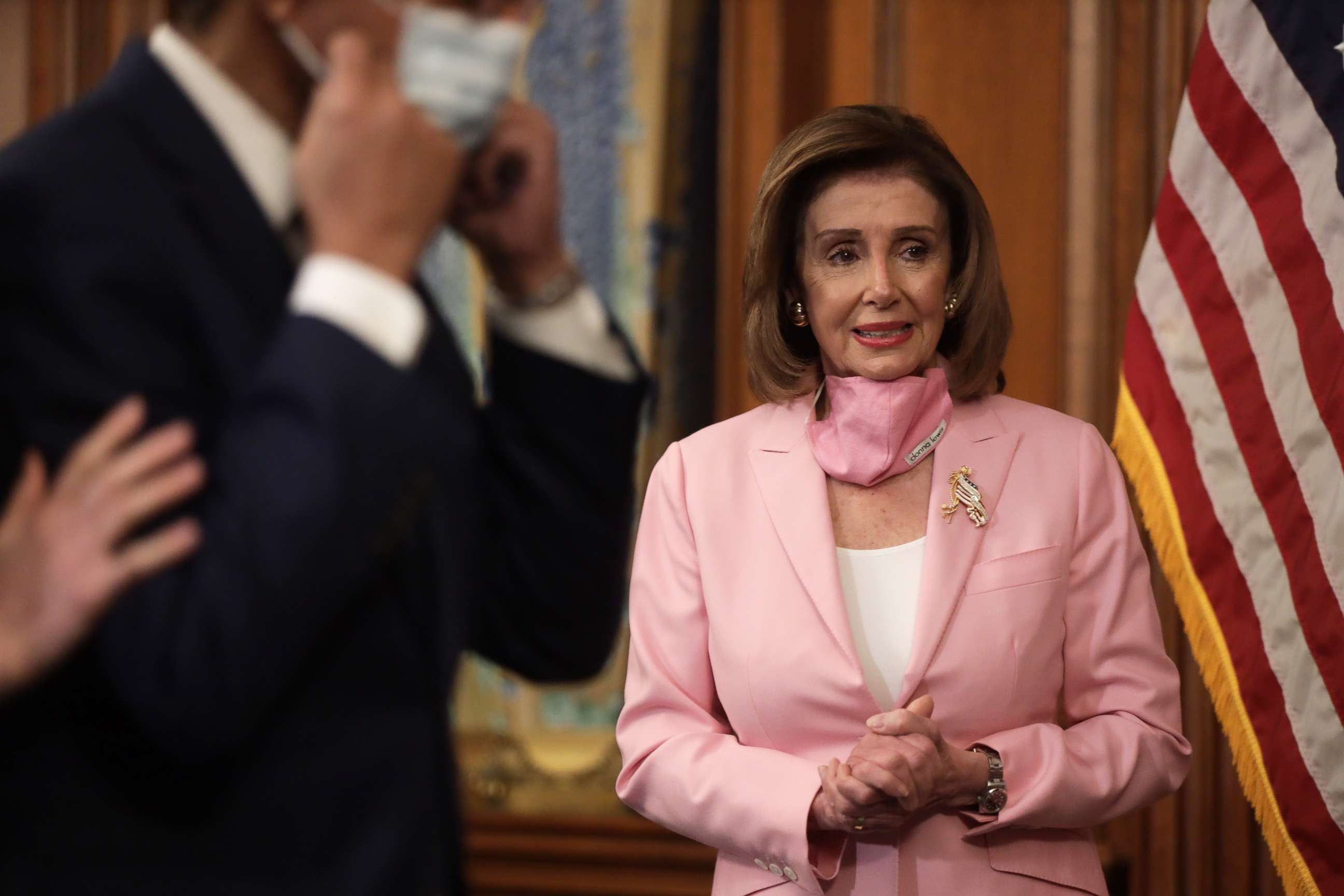 PHOTO: Speaker of the House Rep. Nancy Pelosi is seen during a ceremonial swearing-in for Rep. Kweisi Mfume at the U.S. Capitol, May 5, 2020, in Washington, D.C.