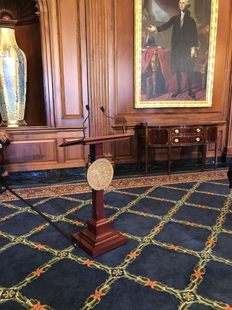 PHOTO: The Speaker's podium, which had been photographed in the arms of a rioter during the siege of the Capitol on Jan. 6, is seen in the Rayburn Reception Room at the U.S. Capitol, Jan. 13, 2021.