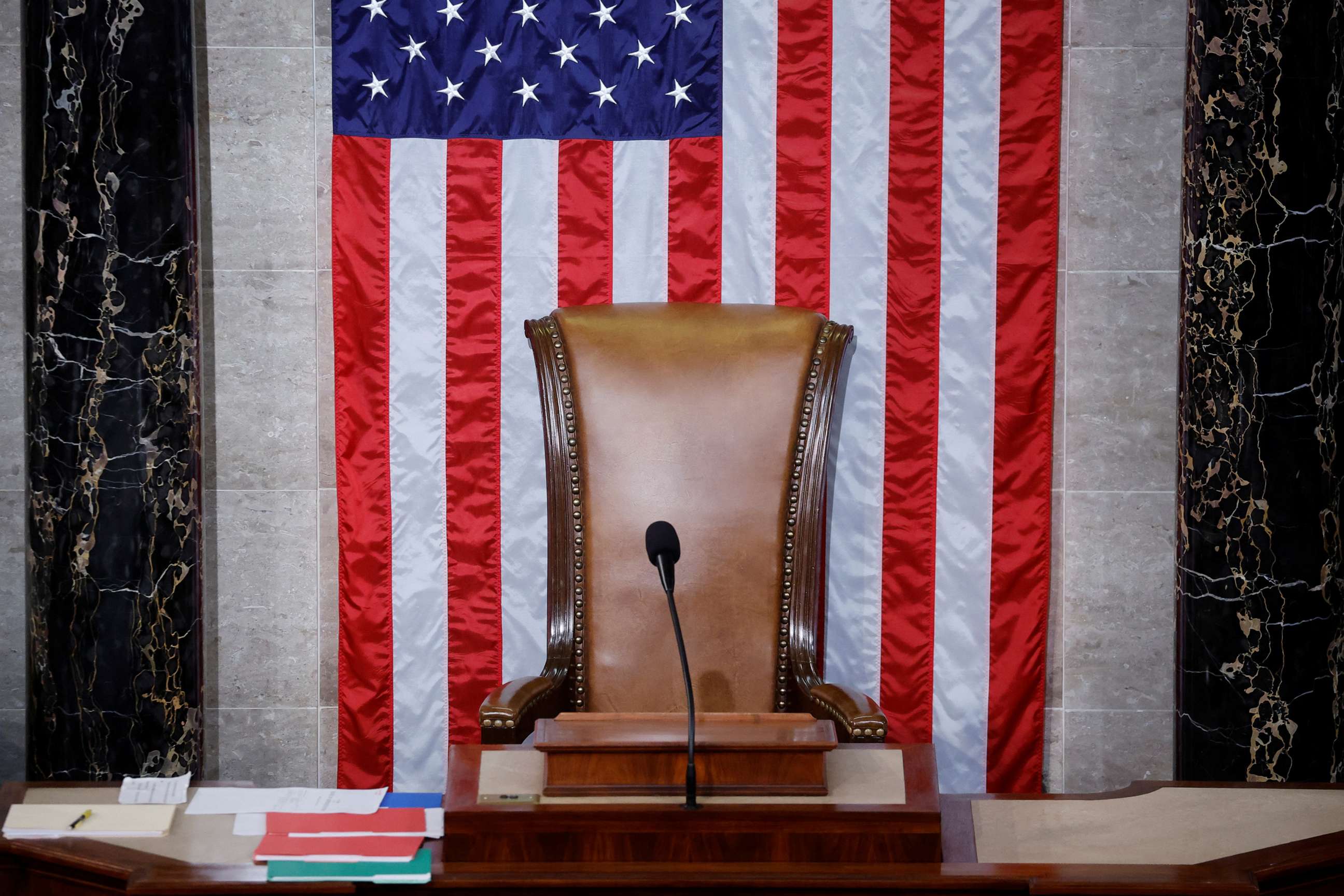 PHOTO: The chair of the Speaker of the House sits empty for a third straight day as members of the House gather for another expected round of voting for a new Speaker on the third day of the 118th Congress at the U.S. Capitol in Washington, Jan. 5, 2023.