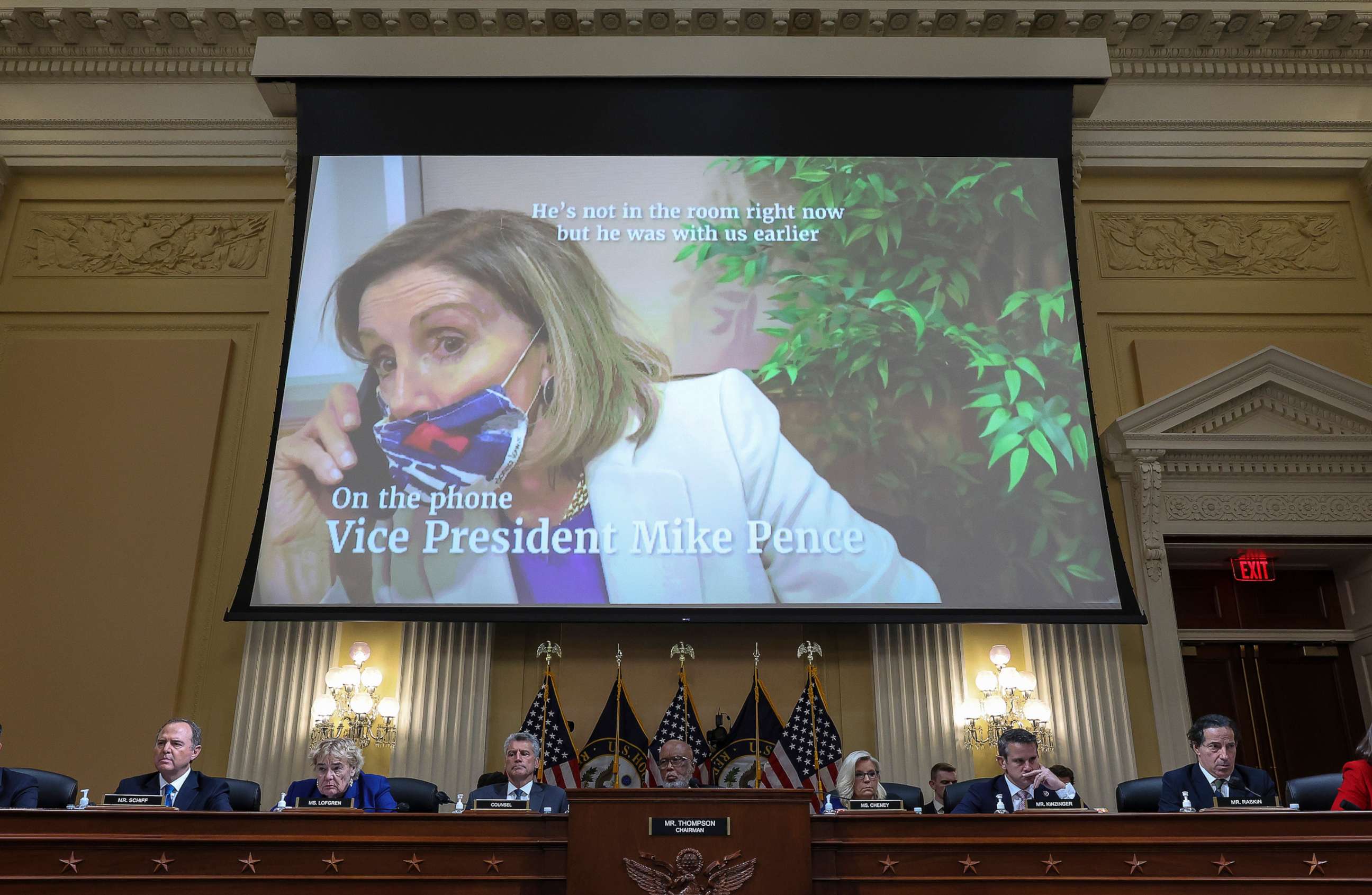 PHOTO: A video of U.S. Speaker of the House Nancy Pelosi speaking with Vice President Mike Pence during the Capitol Riot is played in Washington, Oct. 13, 2022.