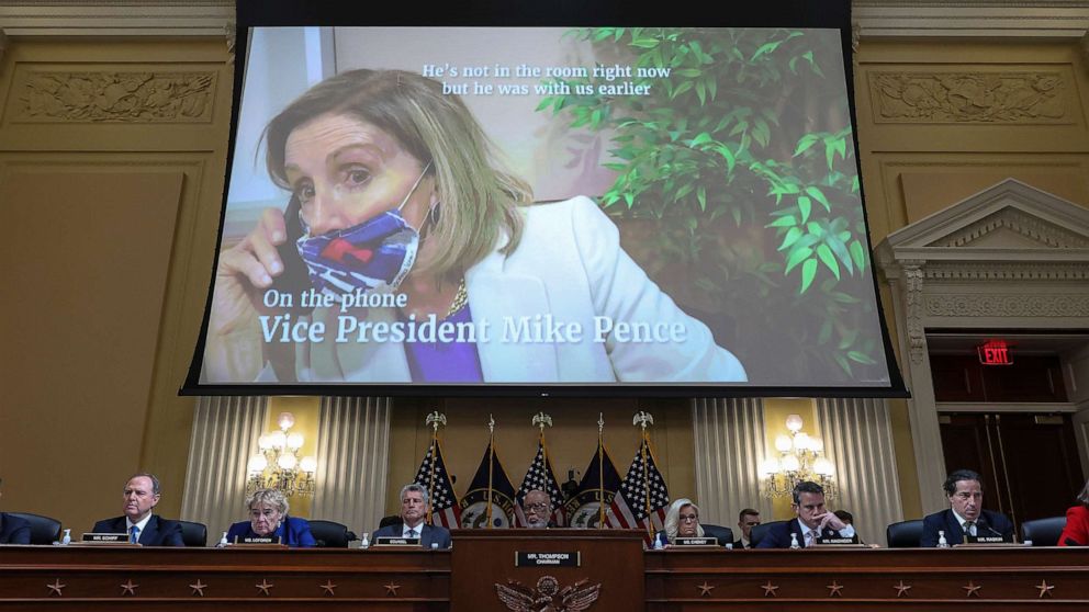 PHOTO: A video of U.S. Speaker of the House Nancy Pelosi speaking with Vice President Mike Pence during the Capitol Riot is played in Washington, Oct. 13, 2022.