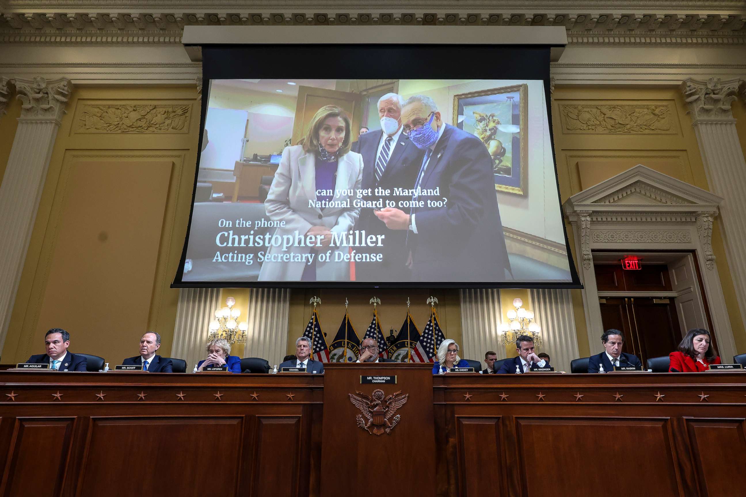 PHOTO: A video of U.S. Speaker of the House Nancy Pelosi, Senate Majority Leader Charles Schumer and House Majority Leader Steny Hoyer is played on Oct. 13, 2022 in Washington, DC.