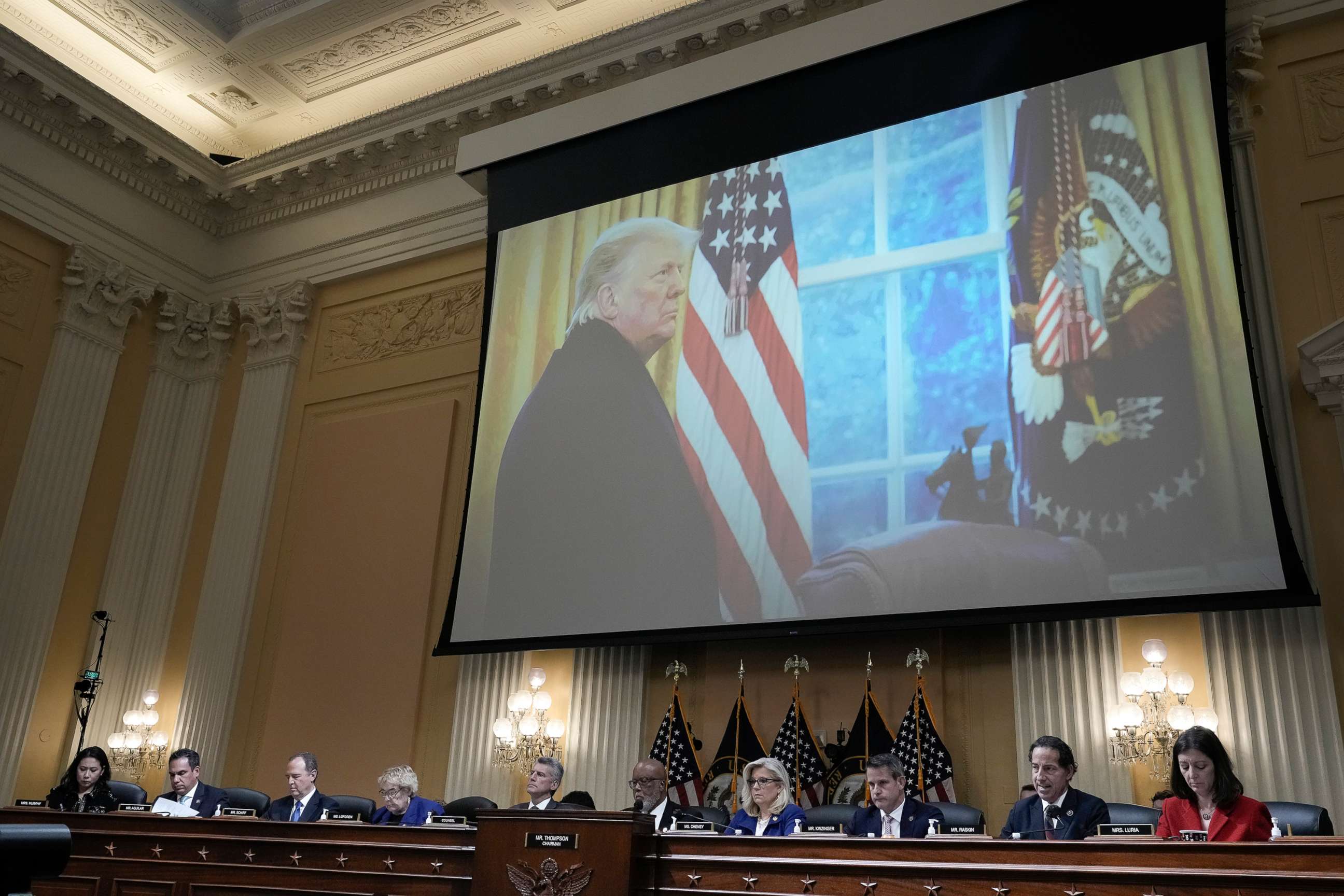 PHOTO: A photo of former President Donald Trump is shown during a hearing by the House Select Committee to Investigate the January 6th Attack on the U.S. Capitol in the Cannon House Office Building in Washington, Oct. 13, 2022.