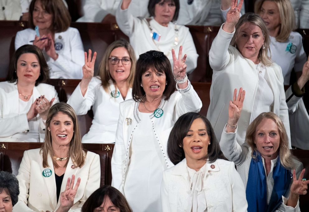 PHOTO: Rep. Jackie Speier, center, and other members chant H.R.3 during President Donald Trumps State of the Union address in the House Chamber, Feb. 4, 2020.