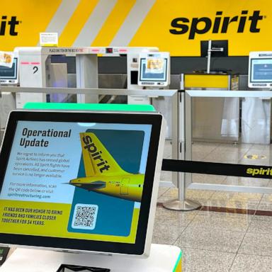 PHOTO: An electronic check-in kiosk announces Spirit Airlines' shutdown on May 2, 2026, at Hartsfield-Jackson Atlanta International Airport in Atlanta. 