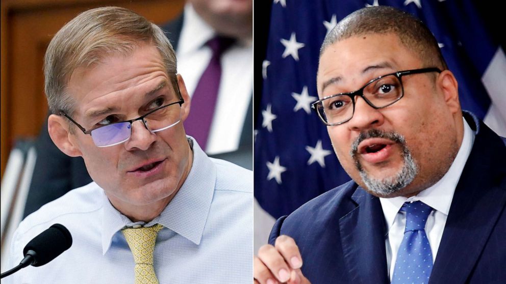 PHOTO: Rep. Jim Jordan, left, and Manhattan District Attorney Alvin Bragg are seen in this split photo