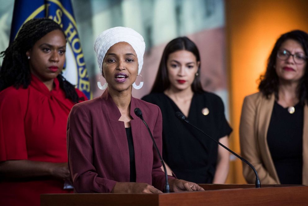 PHOTO: From left, Reps. Ayanna Pressley, Ilhan Omar, Alexandria Ocasio-Cortez and Rashida Tlaib, conduct a news conference, July 15, 2019.