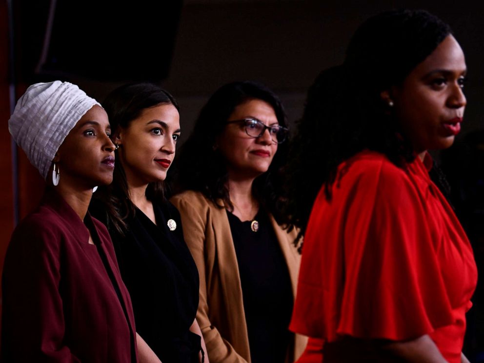PHOTO: In this file photo taken on July 15, 2019 US Representatives Ayanna Pressley speaks as, Ilhan Abdullahi Omar, Rashida Tlaib, and Alexandria Ocasio-Cortez hold a press conference.