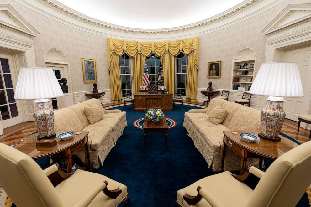 PHOTO: The Oval Office of the White House is newly redecorated for the first day of President Joe Biden's administration, Jan. 20, 2021, in Washington. 