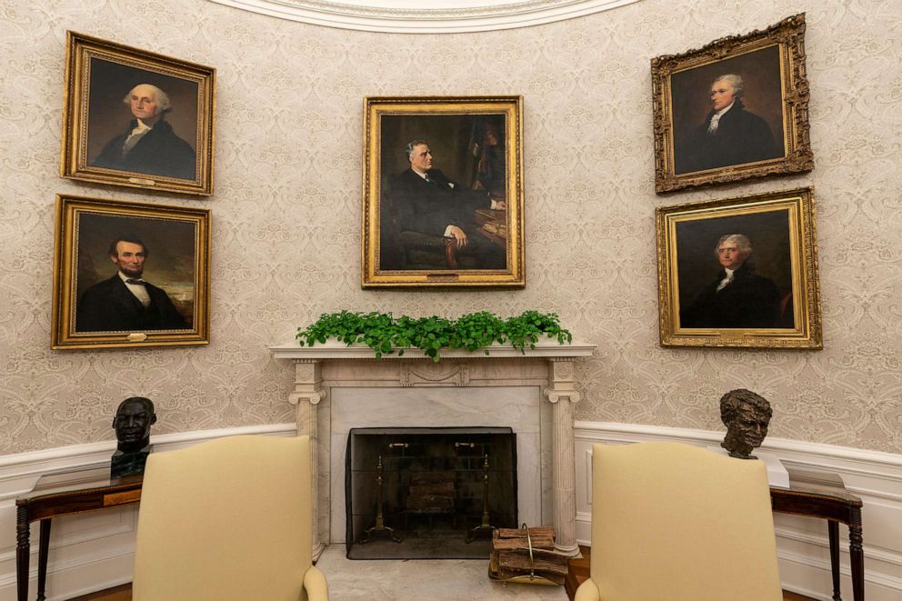 PHOTO: The Oval Office of the White House is newly redecorated for the first day of President Joe Biden's administration, Jan. 20, 2021, in Washington, D.C., including a painting of former President Franklin D. Roosevelt over the mantle of the fireplace.