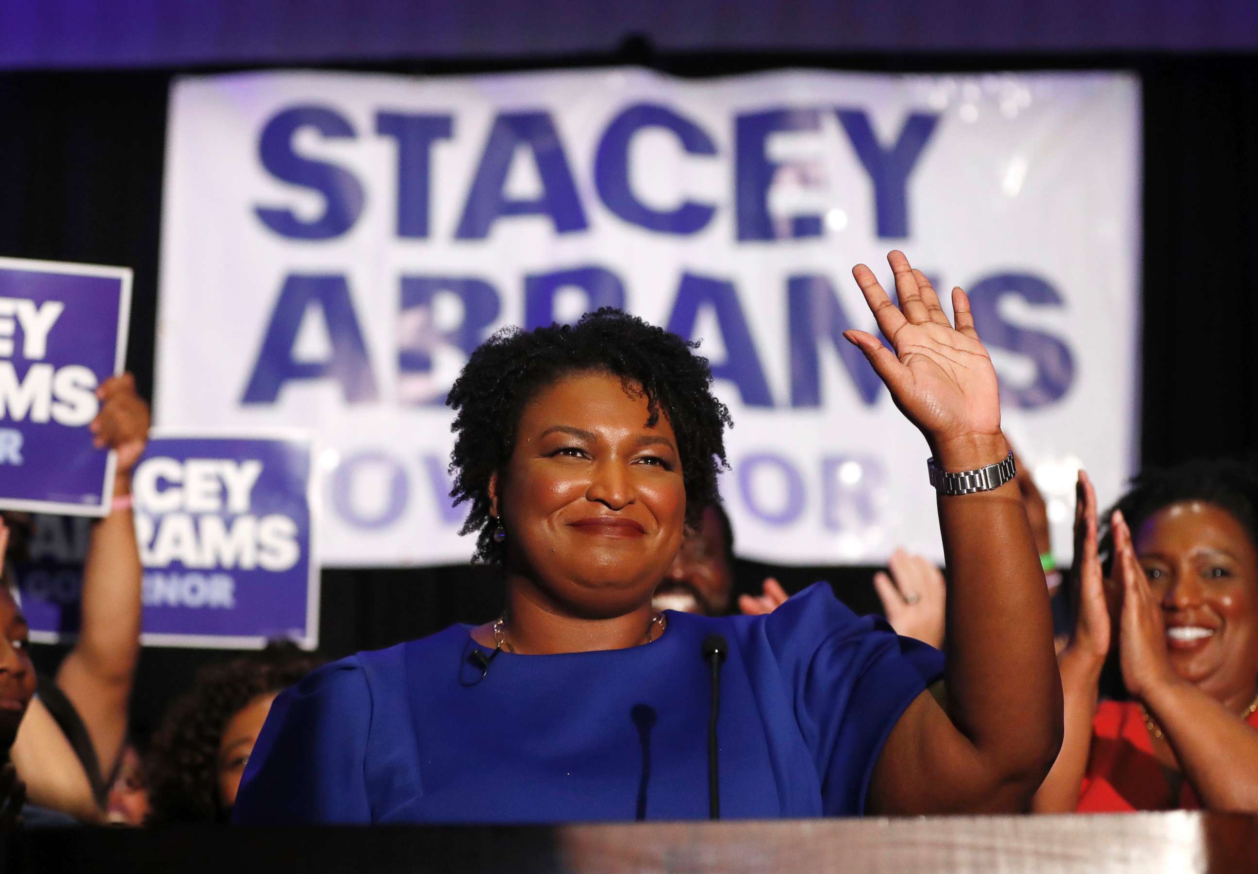 PHOTO: Democratic candidate for Georgia Governor Stacey Abrams waves to supporters after speaking at an election-night watch party, May 22, 2018, in Atlanta.