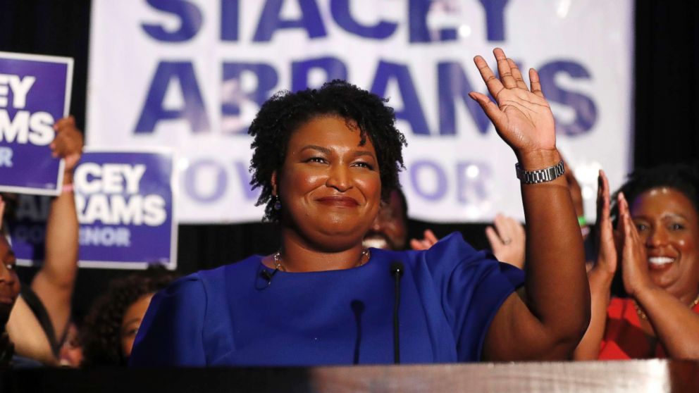 PHOTO: Democratic candidate for Georgia Governor Stacey Abrams waves to supporters after speaking at an election-night watch party, May 22, 2018, in Atlanta.