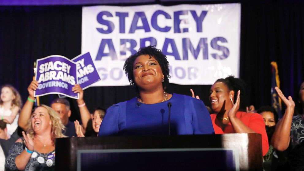 PHOTO: Georgia Democratic gubernatorial candidate Stacey Abrams smiles before speaking to supporters during an election-night watch party, May 22, 2018, in Atlanta.