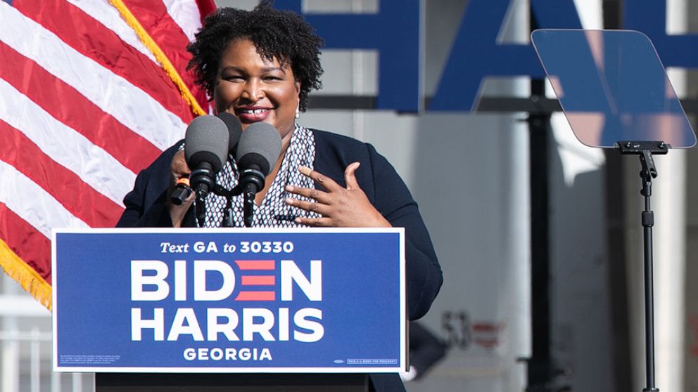 PHOTO: Voting right activist and politician Stacey Abrams speaks to the crowd during a Drive-in Mobilization Rally to get out the vote in Atlanta, Nov. 2, 2020.