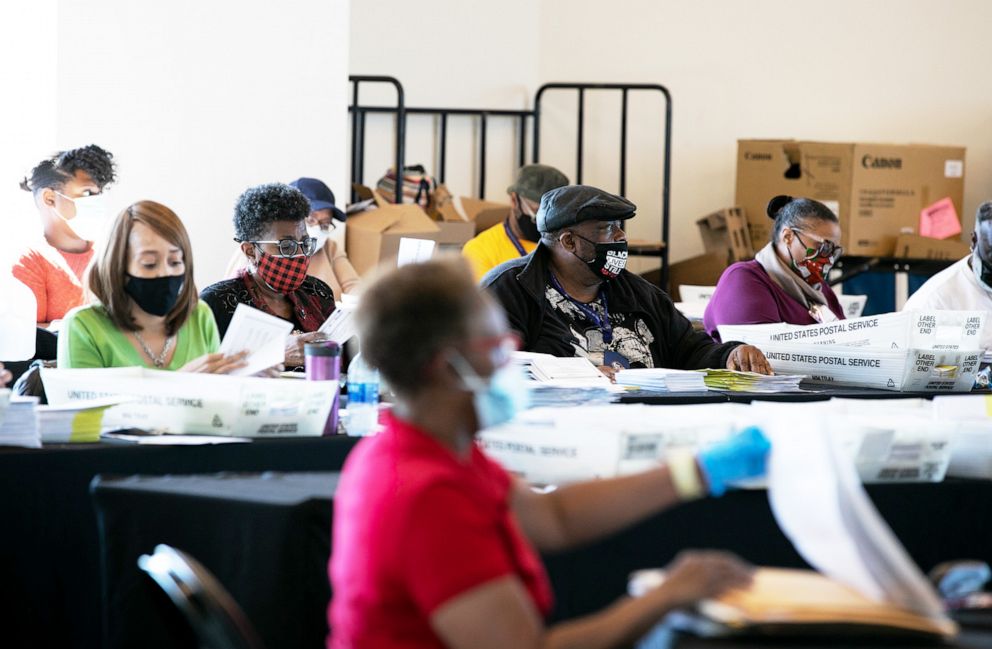 PHOTO: Election workers count Fulton County ballots at State Farm Arena in Atlanta,  Nov. 4, 2020.