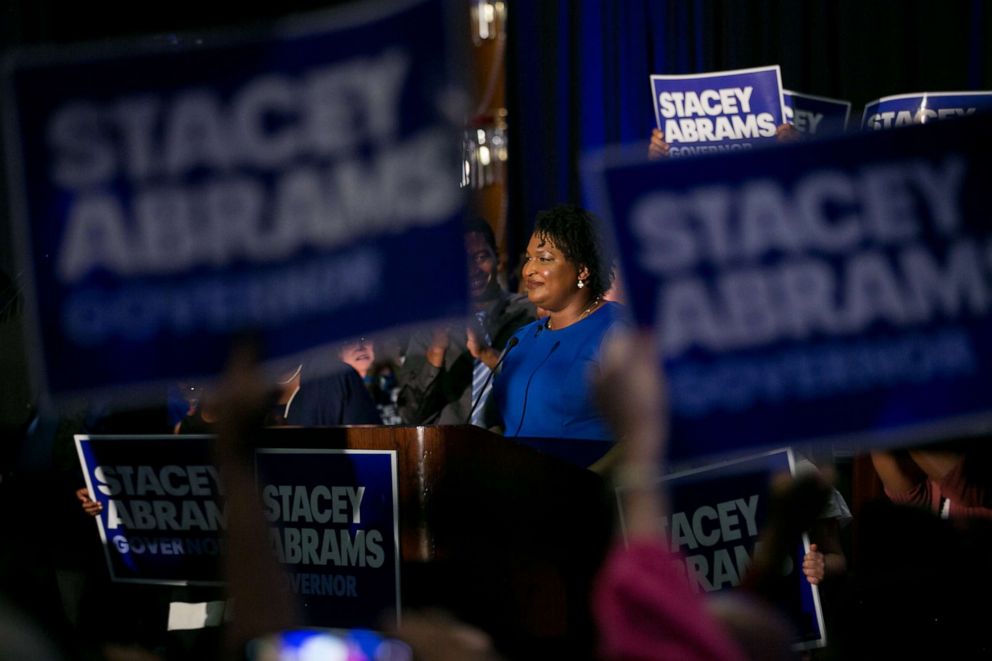 PHOTO: Georgia Democratic Gubernatorial candidate Stacey Abrams takes the stage to declare victory in the primary during an election night event in Atlanta, May 22, 2018.