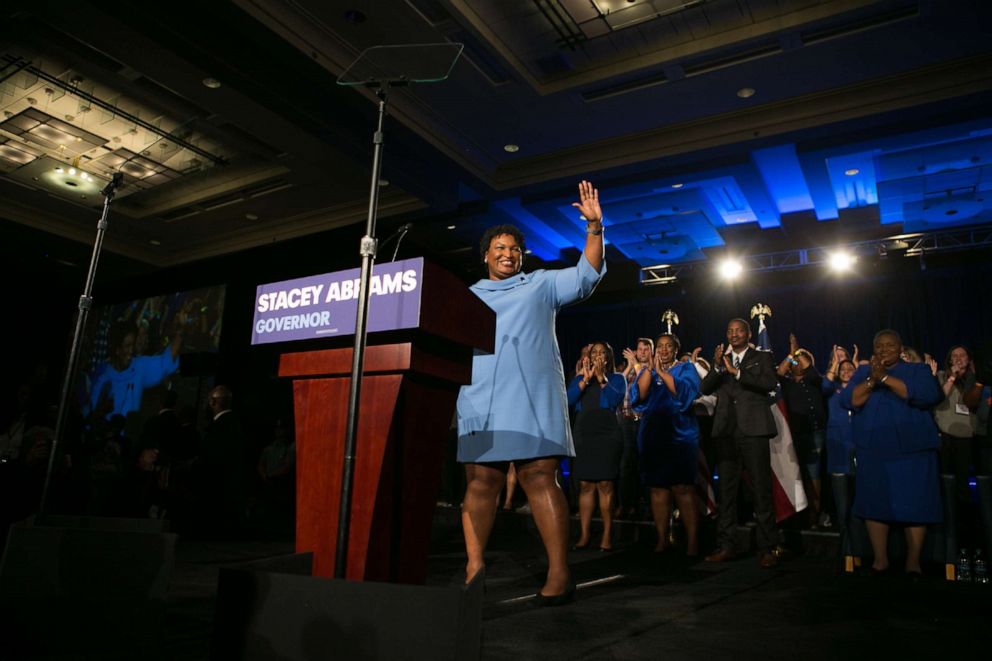 PHOTO: Democratic Gubernatorial candidate Stacey Abrams addresses supporters at an election watch party in Atlanta, Nov. 6, 2018.