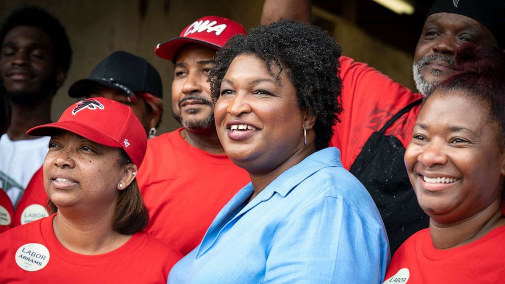 PHOTO: Democratic candidate for Georgia Governor, meets with supporters at a Labor Day picnic for AFL-CIO union members as race between Abrams and incumbent Republican governor Brian Kemp tightens, on Sept. 5, 2022, in Hapeville, Ga.