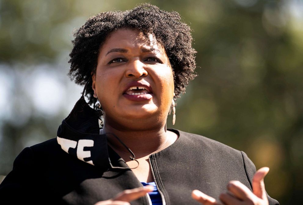 PHOTO: Stacey Abrams speaks to voters at the Coan Recreation Center in Atlanta, Nov. 3, 2020.