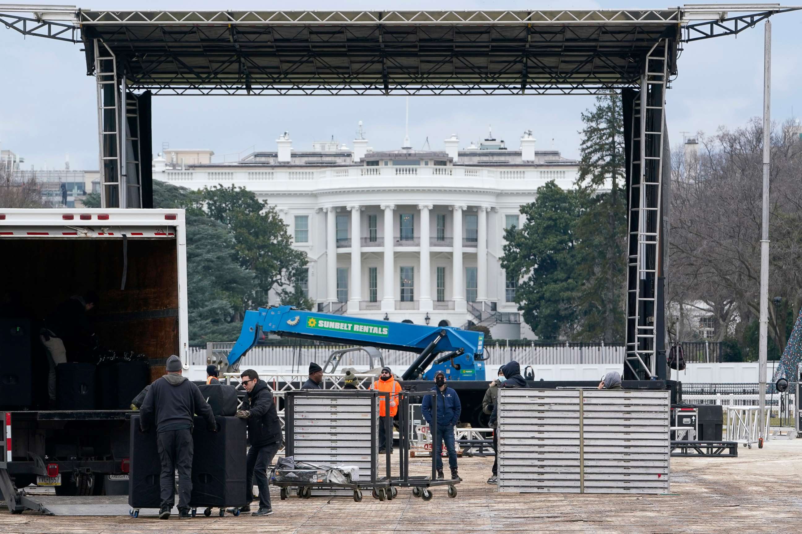 PHOTO: A stage is set up on the Ellipse near the White House in Washington, Jan. 4, 2021, in preparation for a rally on Jan. 6, the day when Congress is scheduled to meet to formally finalize the presidential election results.