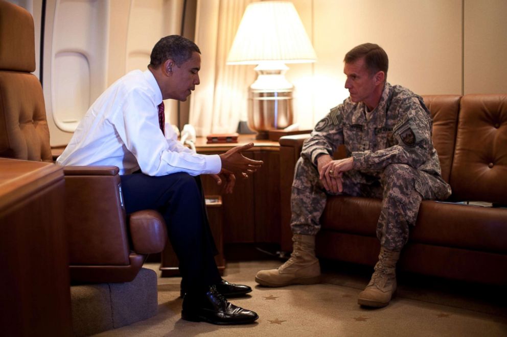 President Barack Obama meets with Army Gen. Stanley McChrystal, the Commander of U.S. Forces in Afghanistan, aboard Air Force One in Copenhagen, Denmark on Oct. 2, 2009.