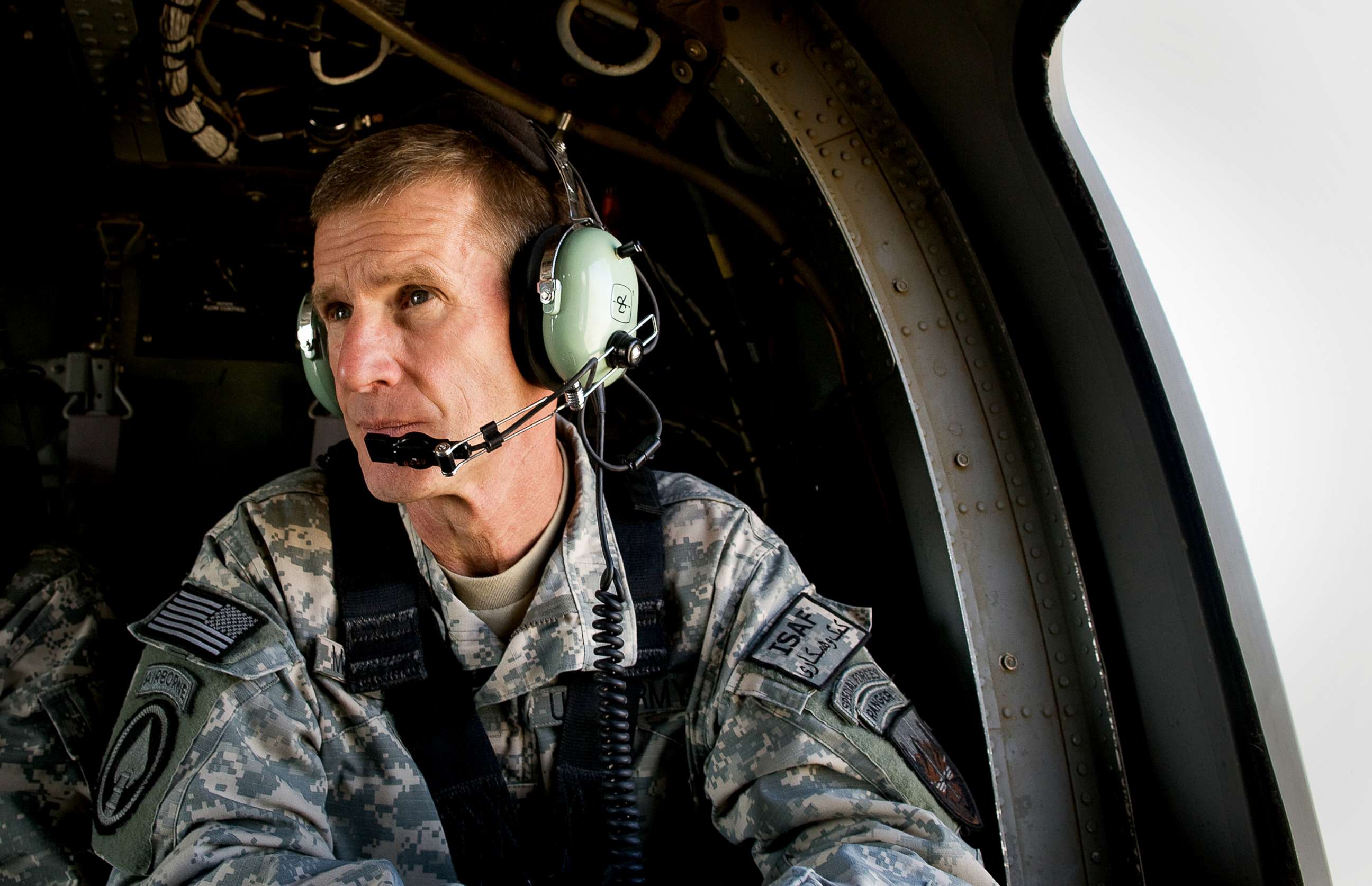PHOTO: Commander General Stanley A. McChrystal sits in a helicopter after a lengthy conference meeting with military officials at the forward operating base (FOB) Walton, outside of Kandahar, Afghanistan, Oct. 7, 2009. 