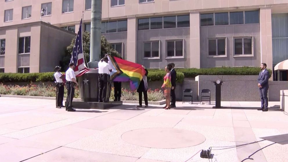 PHOTO: In this screen grab taken from a video, the Progress flag is flown outside the State Department in Washington, D.C., June 25, 2021.