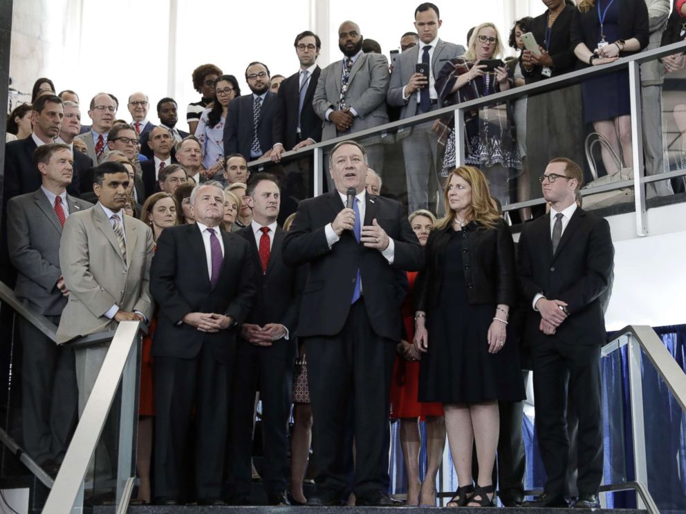 PHOTO: Secretary of State Mike Pompeo speaks to employees at the State Department in Washington, D.C., May 1, 2018.