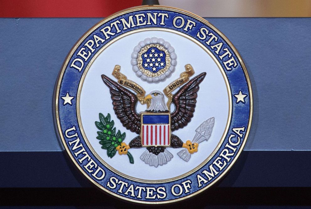 PHOTO: The seal of the US State Department at the State Department in Washington, DC.