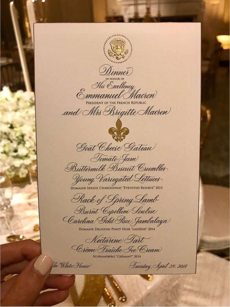 The menu for Tuesday night's first state dinner of the Trump presidency will include a main course of rack of lamb and jambalaya.